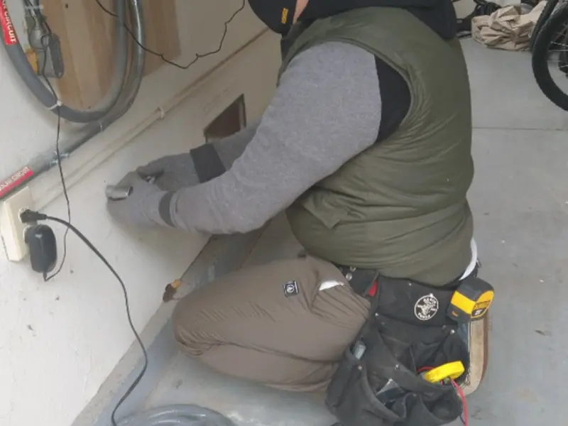 Electrician performing outlet wiring in a Sterling garage